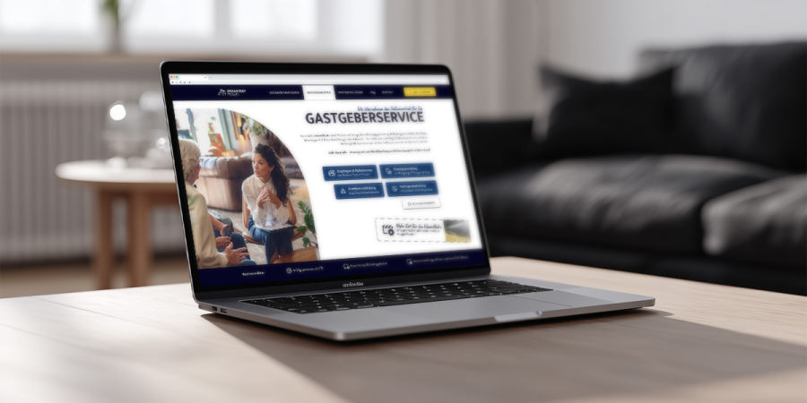 DREAMWAY TRAVEL Webstite Ein Laptop auf dem die Website von DREAMWAY TRAVEL geöffnet ist steht in einem Wohnzimmer auf dem Tisch