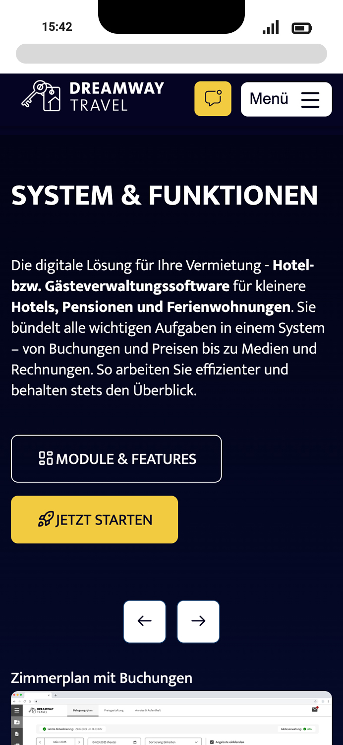 Mobile-Darstellung der Website von DREAMWAY TRAVEL, hier: Informationen zu System und Funktionen