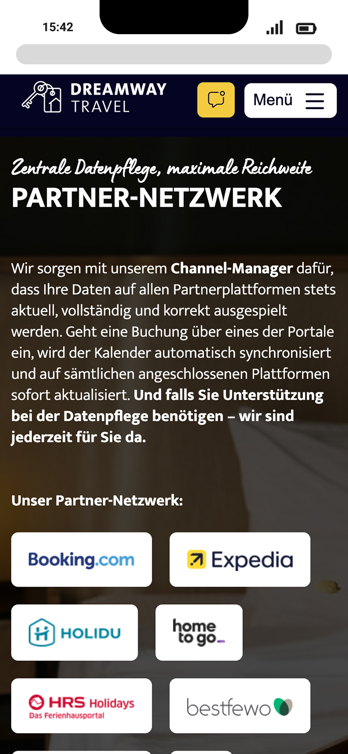 Mobile-Darstellung der Website von DREAMWAY TRAVEL, hier: Partner-Netzwerk