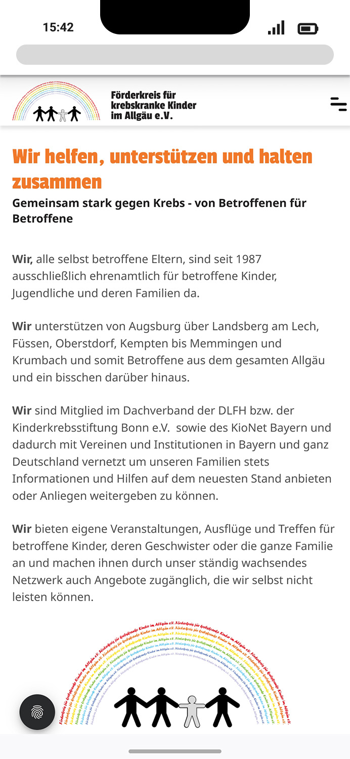 Mobile-Darstellung der Website des Förderkreises für krebskranke Kinder e.V. auf einem Screen, zeigt wichtige Informationen über hier: Informationen über den Förderkreis