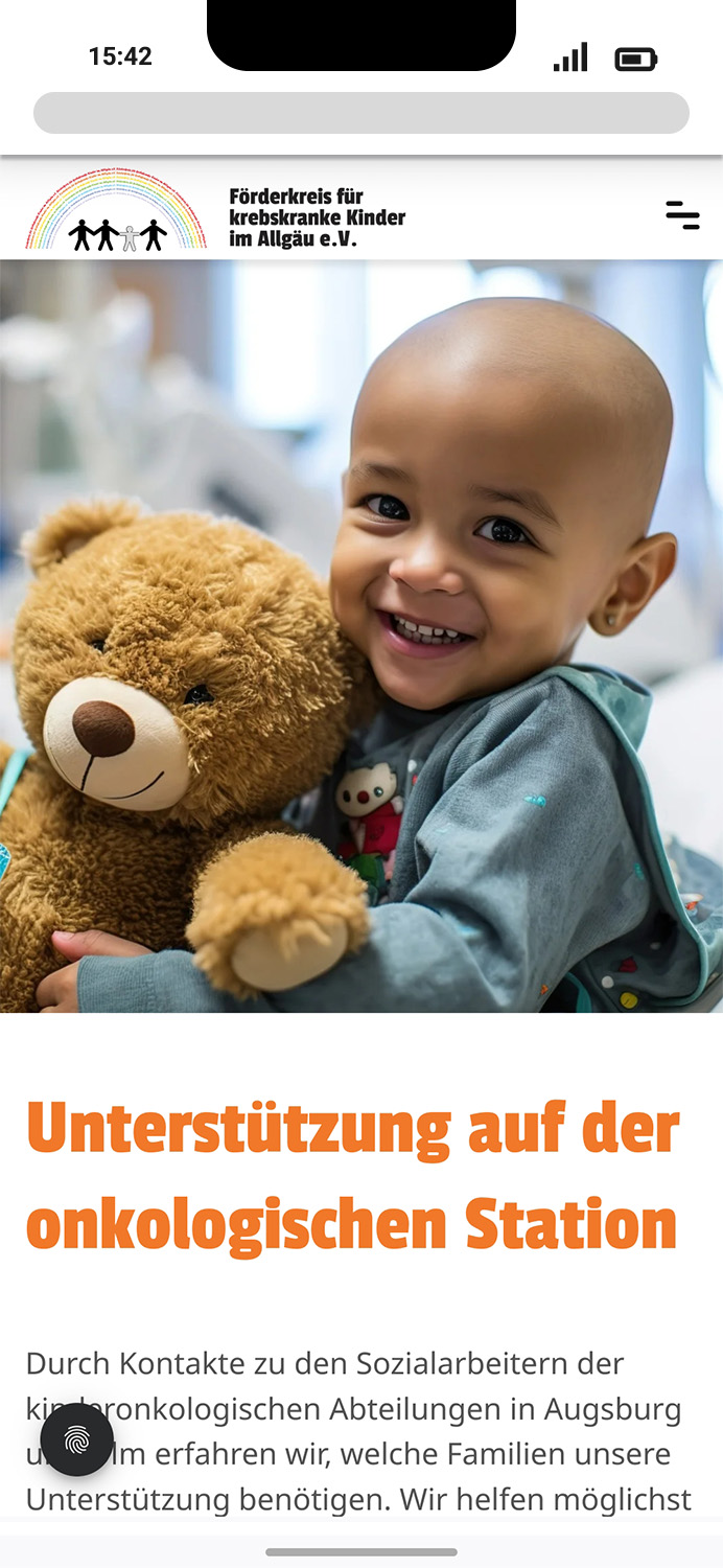 Mobile-Darstellung der Website des Förderkreises für krebskranke Kinder e.V. auf einem Screen, zeigt wichtige Informationen über hier: Informationen zur Unterstützung auf der onkologischen Station