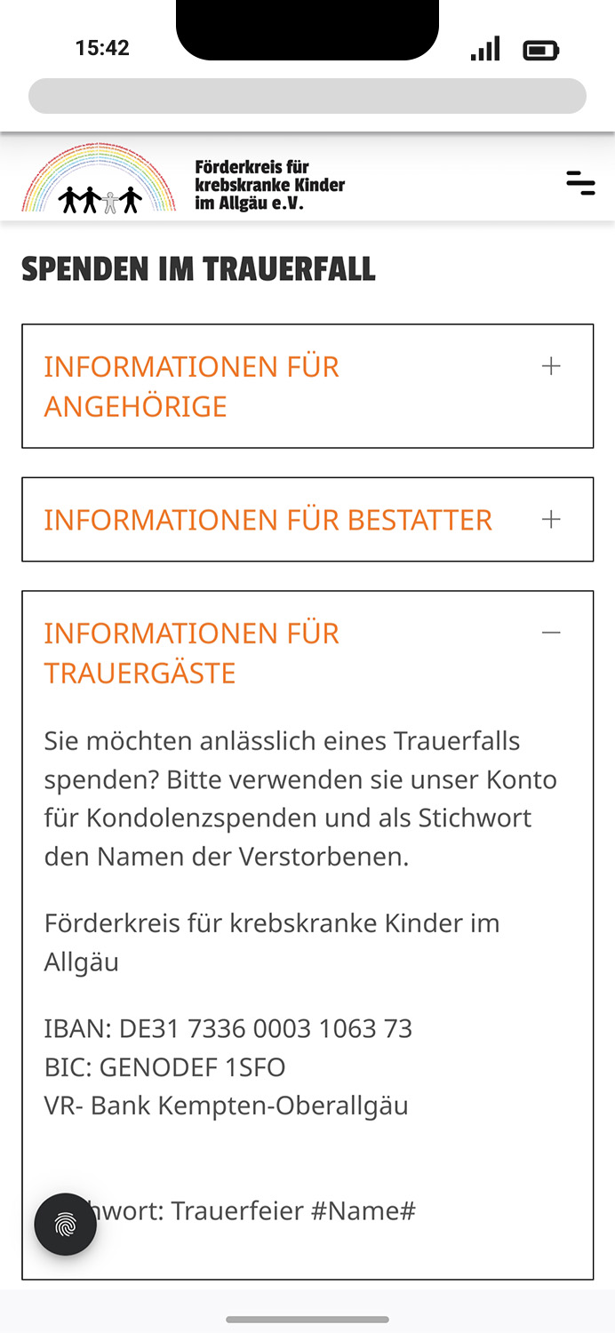 Mobile-Darstellung der Website des Förderkreises für krebskranke Kinder e.V. auf einem Screen, zeigt wichtige Informationen über hier: Akkordeon mit Informationen zum Spenden