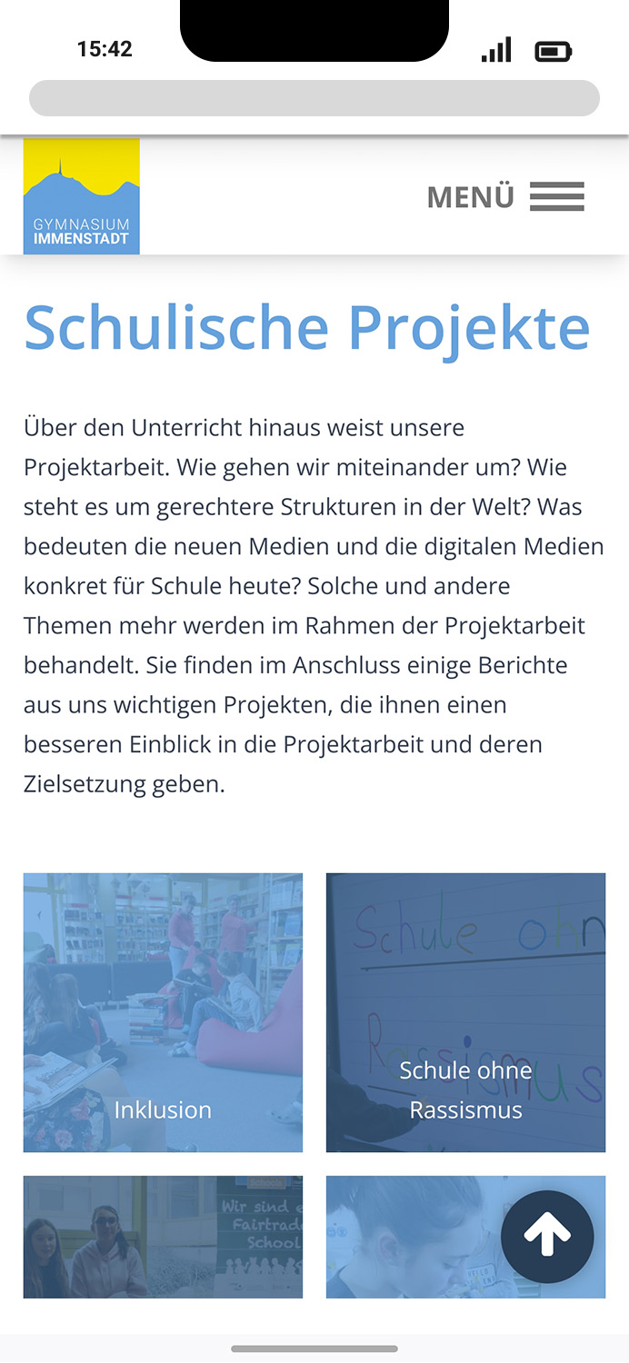 Mobile-Darstellung der Website des Gymnasiums Immenstadt auf einem Screen, zeigt wichtige Informationen und Benutzerinteraktionen hier: Schulische Projekte
