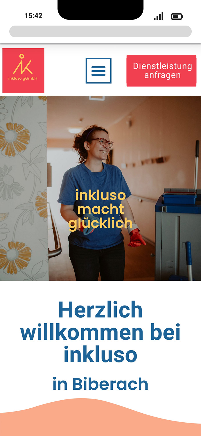 Mobile-Darstellung der Website von inkluso auf einem Screen, zeigt wichtige Informationen und Benutzerinteraktionen hier: Bild und Text