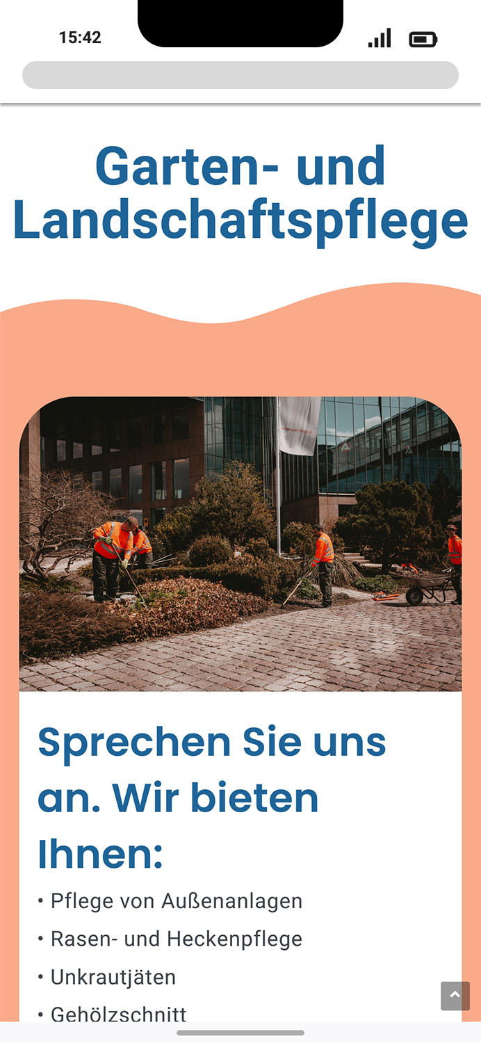 Mobile-Darstellung der Website von inkluso auf einem Screen, zeigt wichtige Informationen und Benutzerinteraktionen hier: Detailseite Dienstleistung Garten- und Landschaftspflege