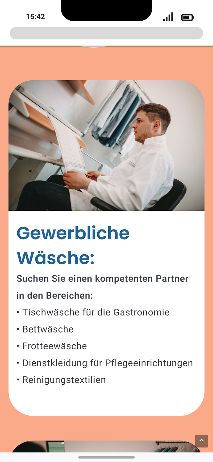 Mobile-Darstellung der Website von inkluso auf einem Screen, zeigt wichtige Informationen und Benutzerinteraktionen hier: Detailseite Dienstleistung Wäscherei – Informationen über Gewerbliche Wäsche