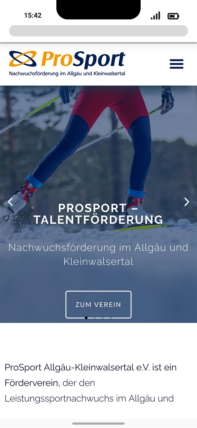 Mobile-Darstellung der Website von ProSport auf einem Screen, zeigt wichtige Informationen und Benutzerinteraktionen hier: Startseite mit allgemeinen Informationen 