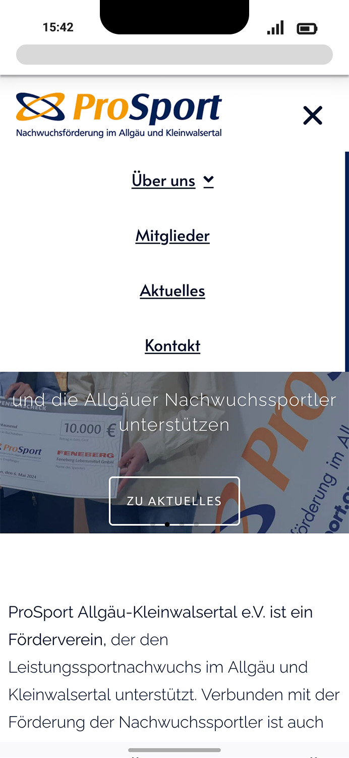 Mobile-Darstellung der Website von ProSport auf einem Screen, zeigt wichtige Informationen und Benutzerinteraktionen hier: Aufgeklapptes Off-Canvas Menü