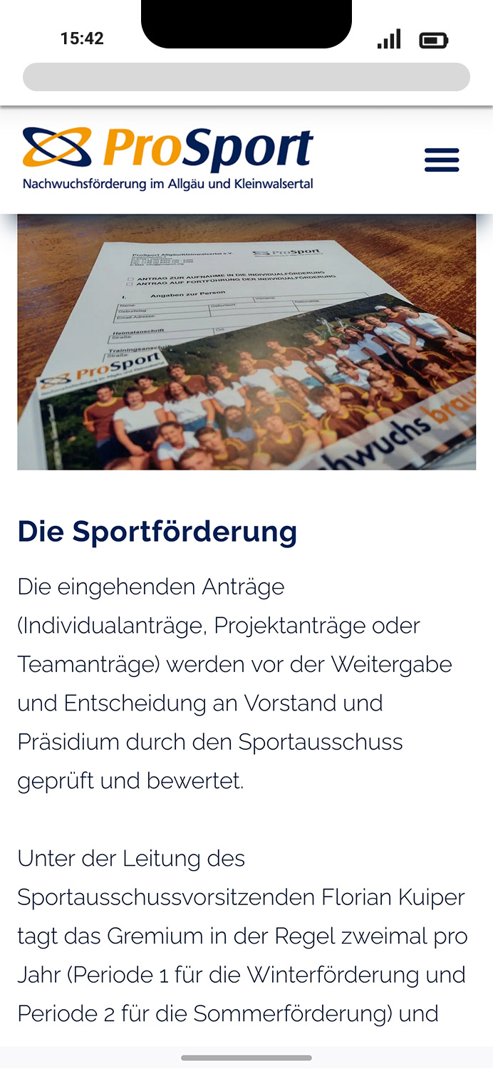 Mobile-Darstellung der Website von ProSport auf einem Screen, zeigt wichtige Informationen und Benutzerinteraktionen hier: Informationen über die Sportförderung