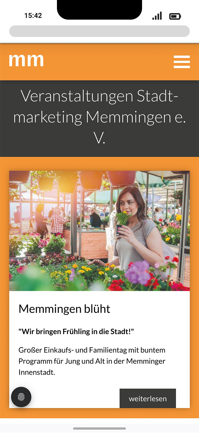Mobile-Darstellung der Website des Stadtmarketing Memmingen e.V. auf einem Screen, zeigt wichtige Informationen und Benutzerinteraktionen hier: Veranstaltungen
