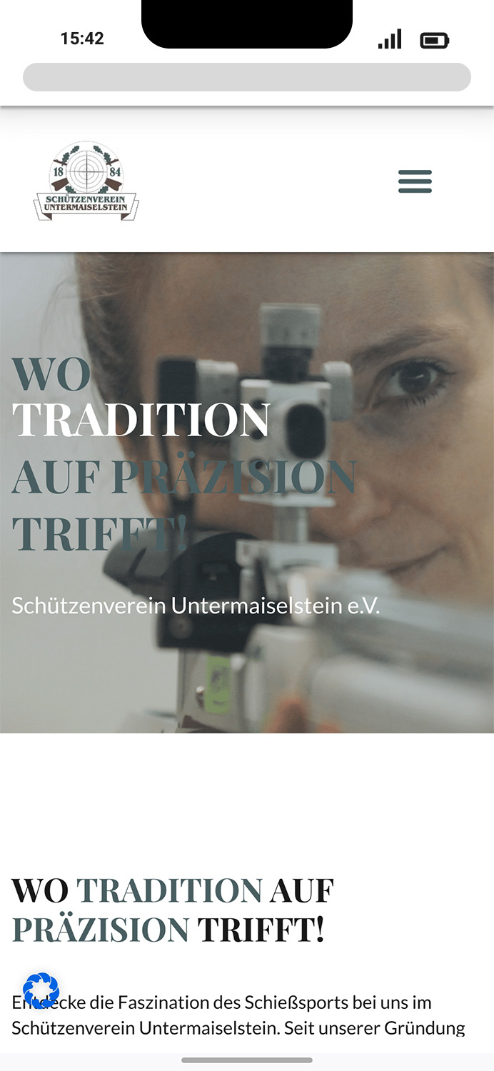 Mobile-Darstellung der Website des SV Untermaiselstein e.V. auf einem Screen, zeigt wichtige Informationen und Benutzerinteraktionen hier: Startseite mit Bild und Text
