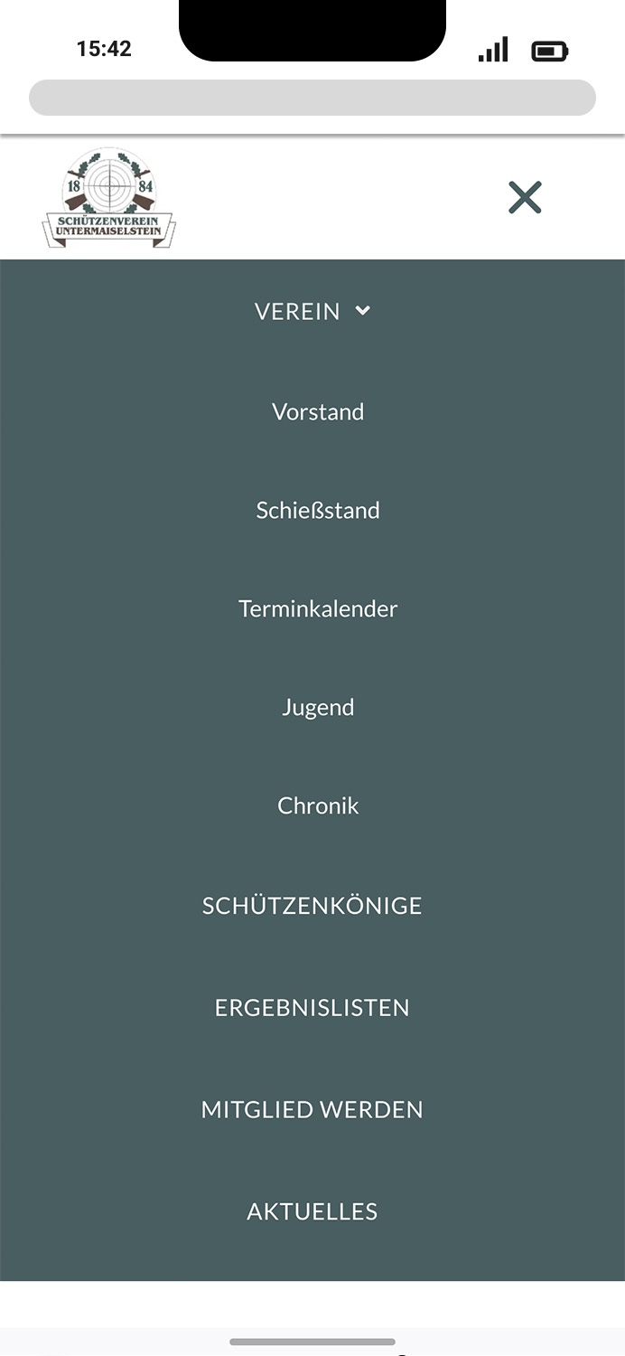 Mobile-Darstellung der Website des SV Untermaiselstein e.V. auf einem Screen, zeigt wichtige Informationen und Benutzerinteraktionen hier: aufgeklapptes Menü