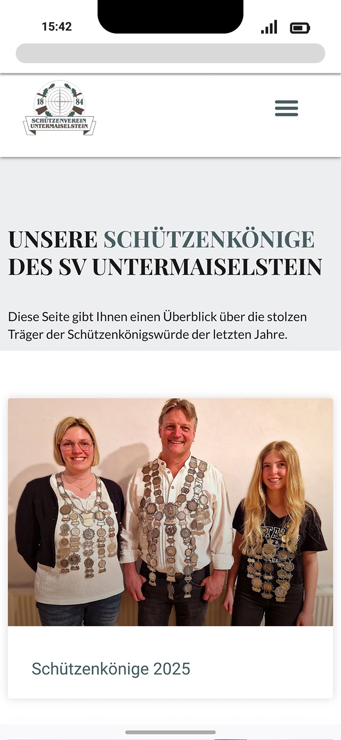 Mobile-Darstellung der Website des SV Untermaiselstein e.V. auf einem Screen, zeigt wichtige Informationen und Benutzerinteraktionen hier: Schützenkönige der letzten Jahre aufgelistet