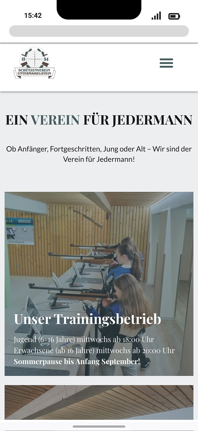 Mobile-Darstellung der Website des SV Untermaiselstein e.V. auf einem Screen, zeigt wichtige Informationen und Benutzerinteraktionen hier: Teaser-Box über den Trainingsbetrieb