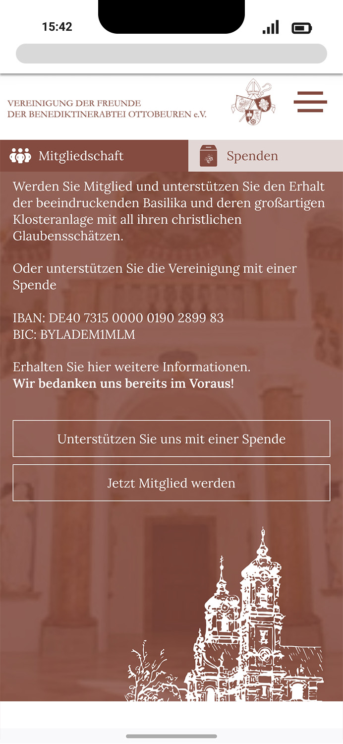 Mobile-Darstellung der Website der Vereinigung Ottobeuren auf einem Screen, zeigt wichtige Informationen und Benutzerinteraktionen hier: Informationen zum Spenden