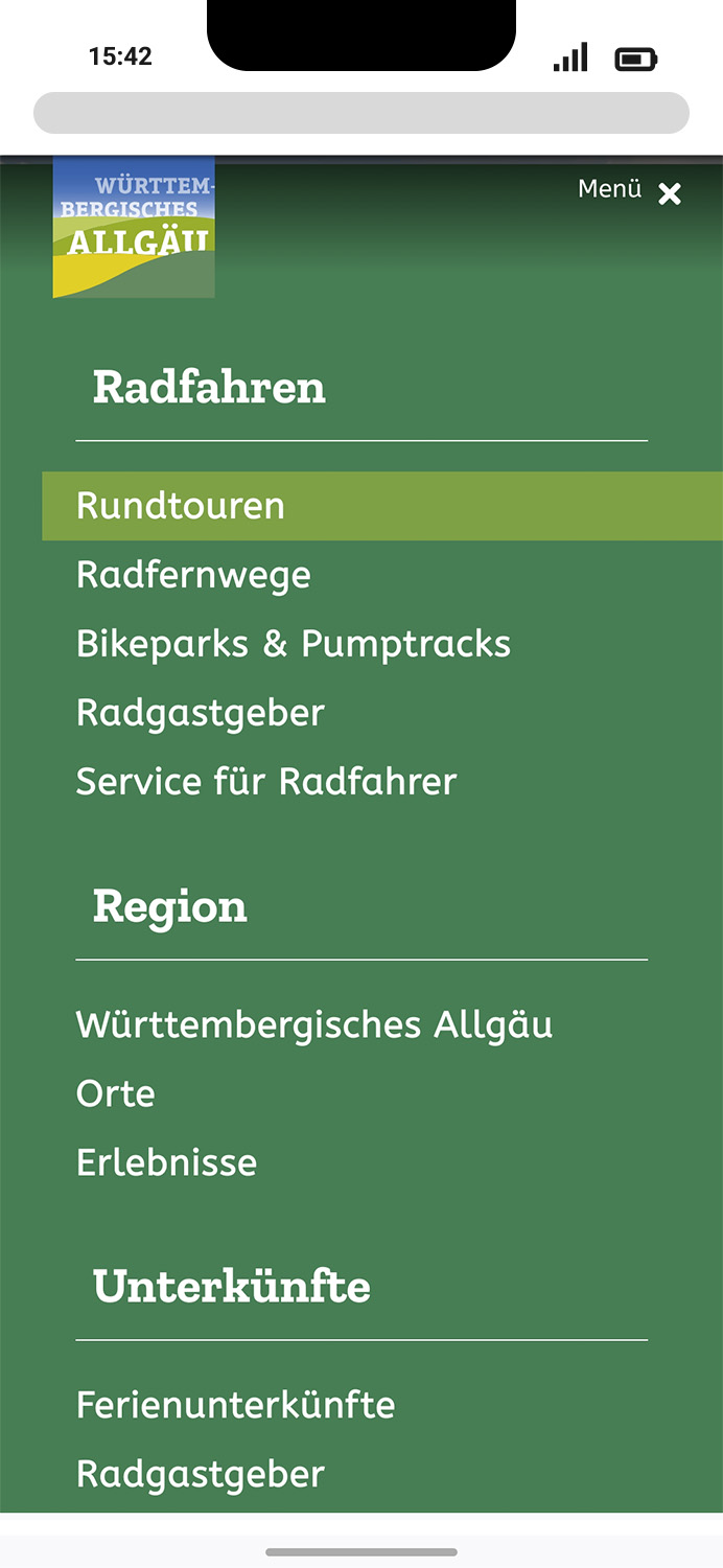 Mobile-Darstellung der Website des Württembergischen Allgäus auf einem Screen, zeigt wichtige Informationen und Benutzerinteraktionen hier: Aufgeklapptes Menü