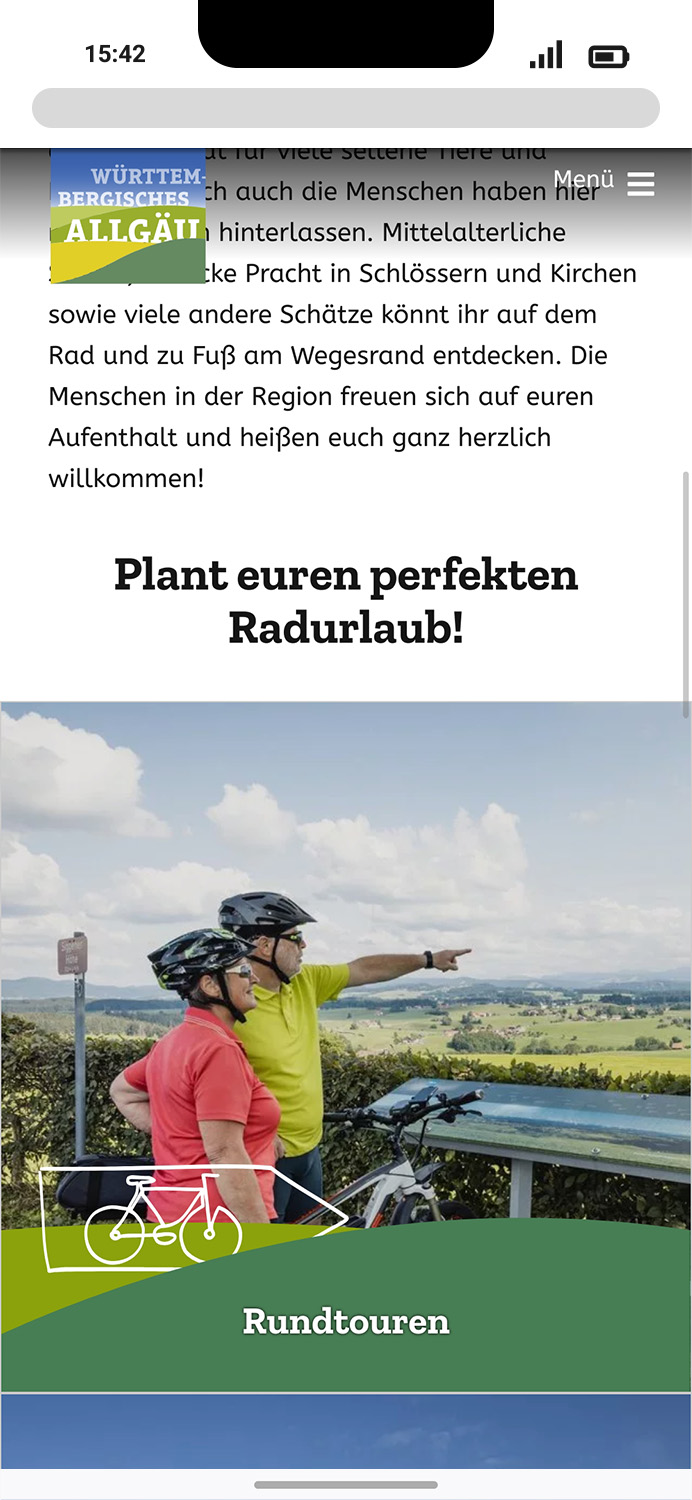 Mobile-Darstellung der Website des Württembergischen Allgäus auf einem Screen, zeigt wichtige Informationen und Benutzerinteraktionen hier: Planung des Radurlaubs, Teaser-Box mit Radtouren
