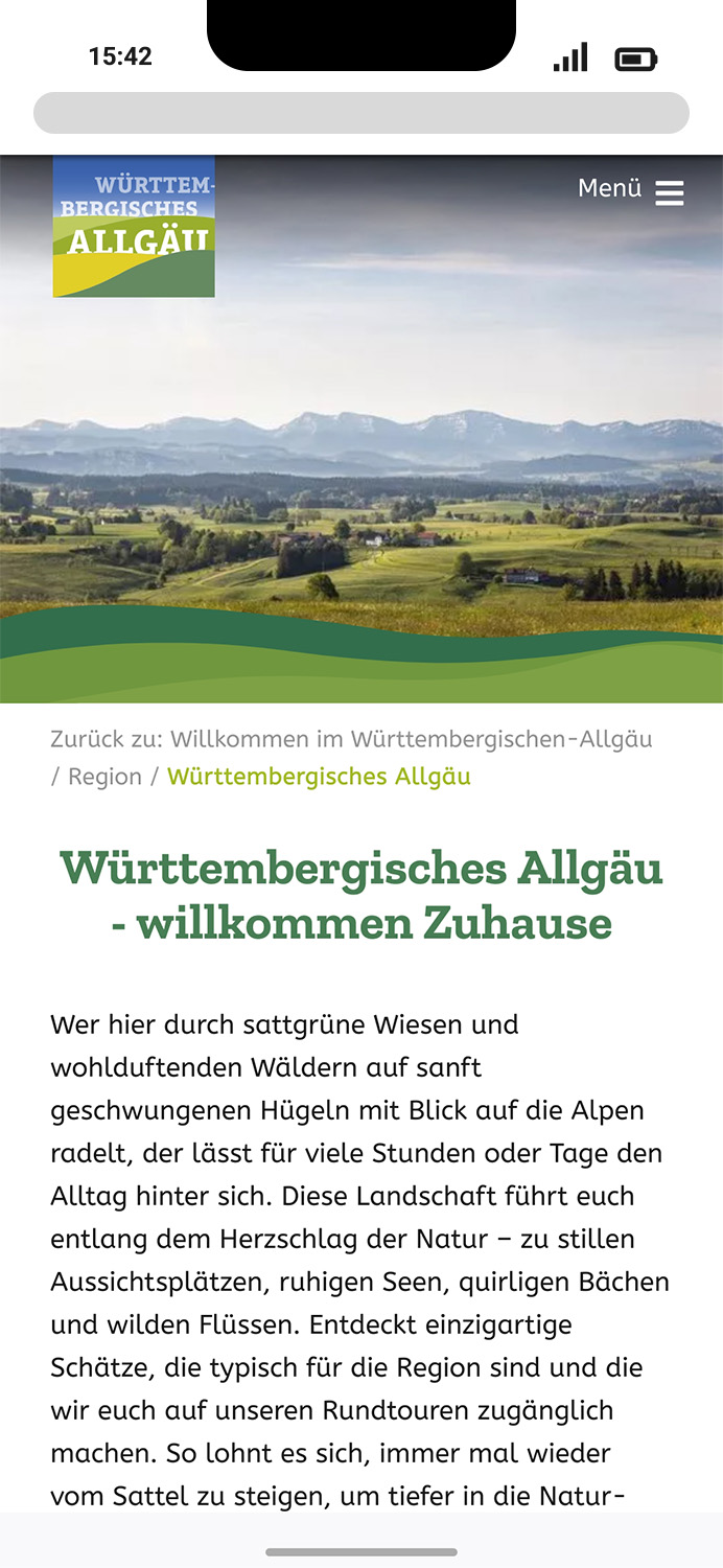 Mobile-Darstellung der Website des Württembergischen Allgäus auf einem Screen, zeigt wichtige Informationen und Benutzerinteraktionen hier: Allgemeine Informationen zur Region