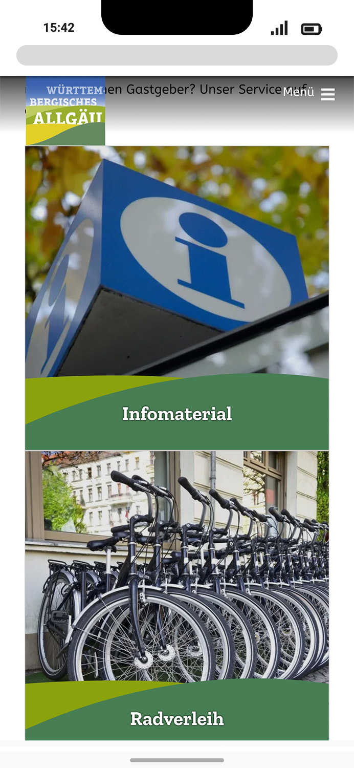Mobile-Darstellung der Website des Württembergischen Allgäus auf einem Screen, zeigt wichtige Informationen und Benutzerinteraktionen hier: Serviceleistungen als Teaser-Boxen