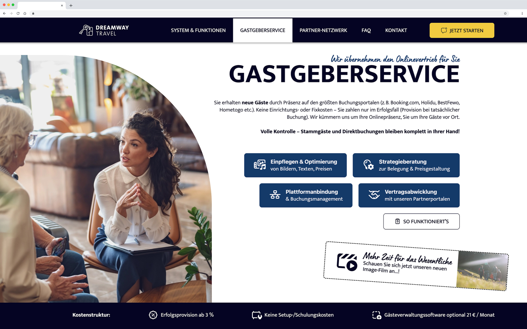 Desktop-Darstellung der Website von DREAMWAY TRAVEL, hier: Informationen für Gastgeber