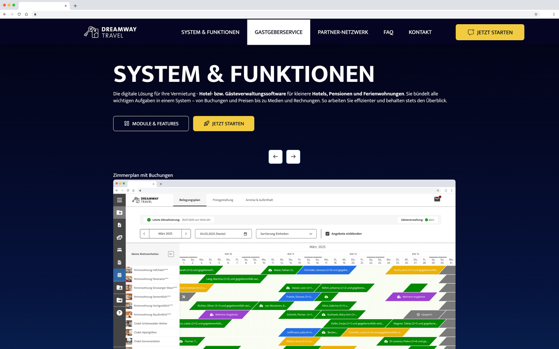 Desktop-Darstellung der Website von DREAMWAY TRAVEL, hier: Informationen zu System und Funktionen
