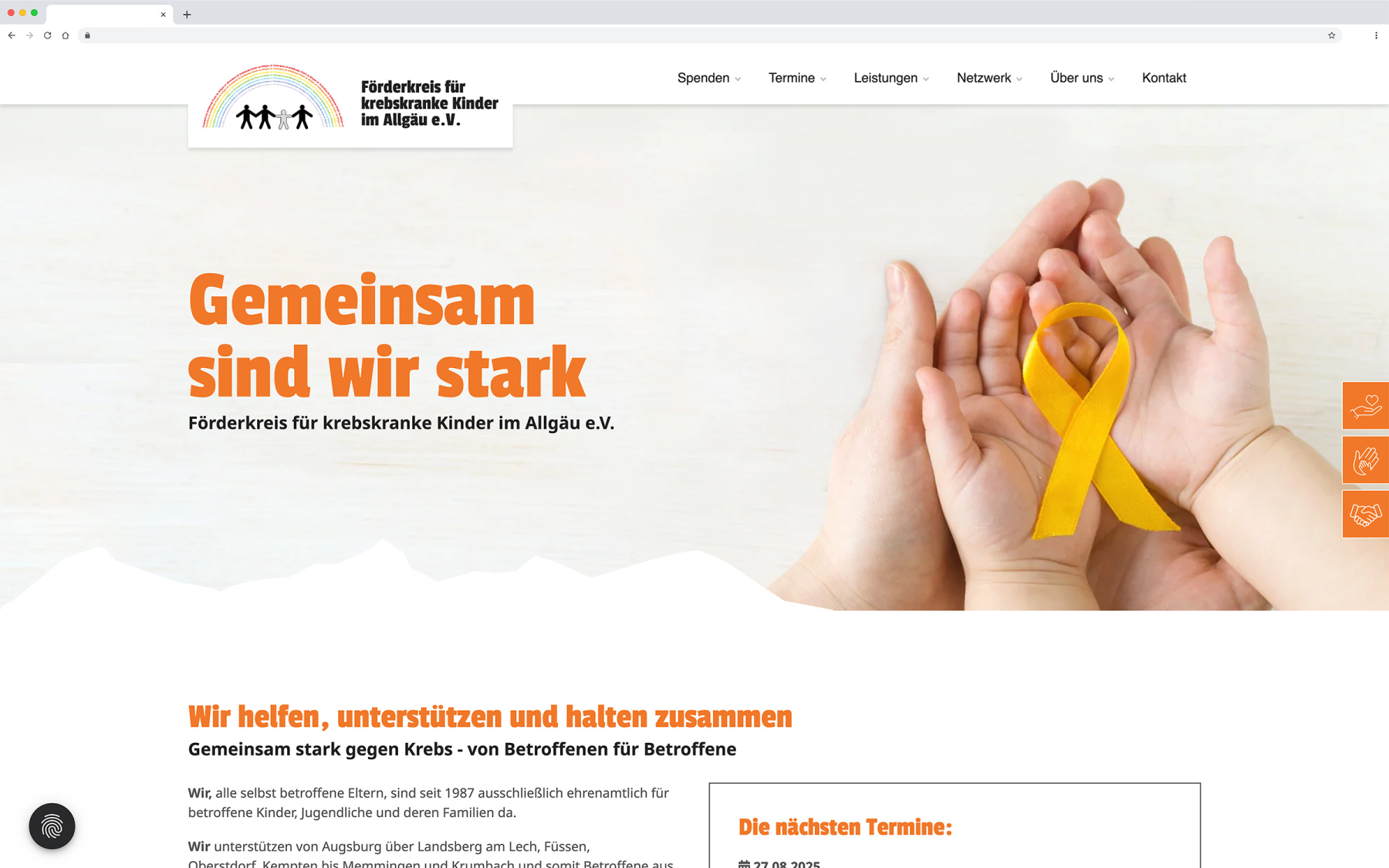 Desktop-Darstellung der Website des Förderkreises für krebskranke Kinder e.V. auf einem Screen, zeigt wichtige Informationen und Benutzerinteraktionen, hier: Startseite mit Informationen über den Förderkreis