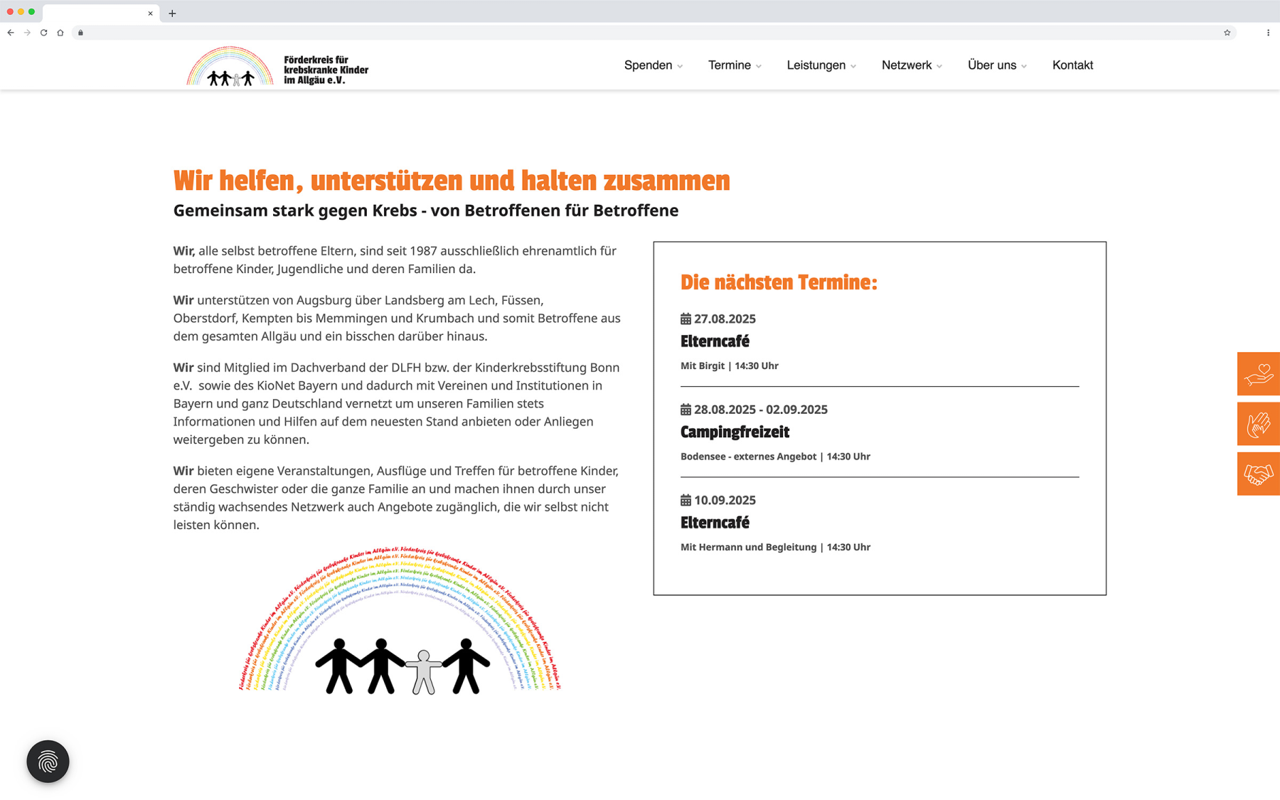Desktop-Darstellung der Website des Förderkreises für krebskranke Kinder e.V. auf einem Screen, zeigt wichtige Informationen und Benutzerinteraktionen hier: Informationen über den Förderkreis und Termin für Veranstaltung