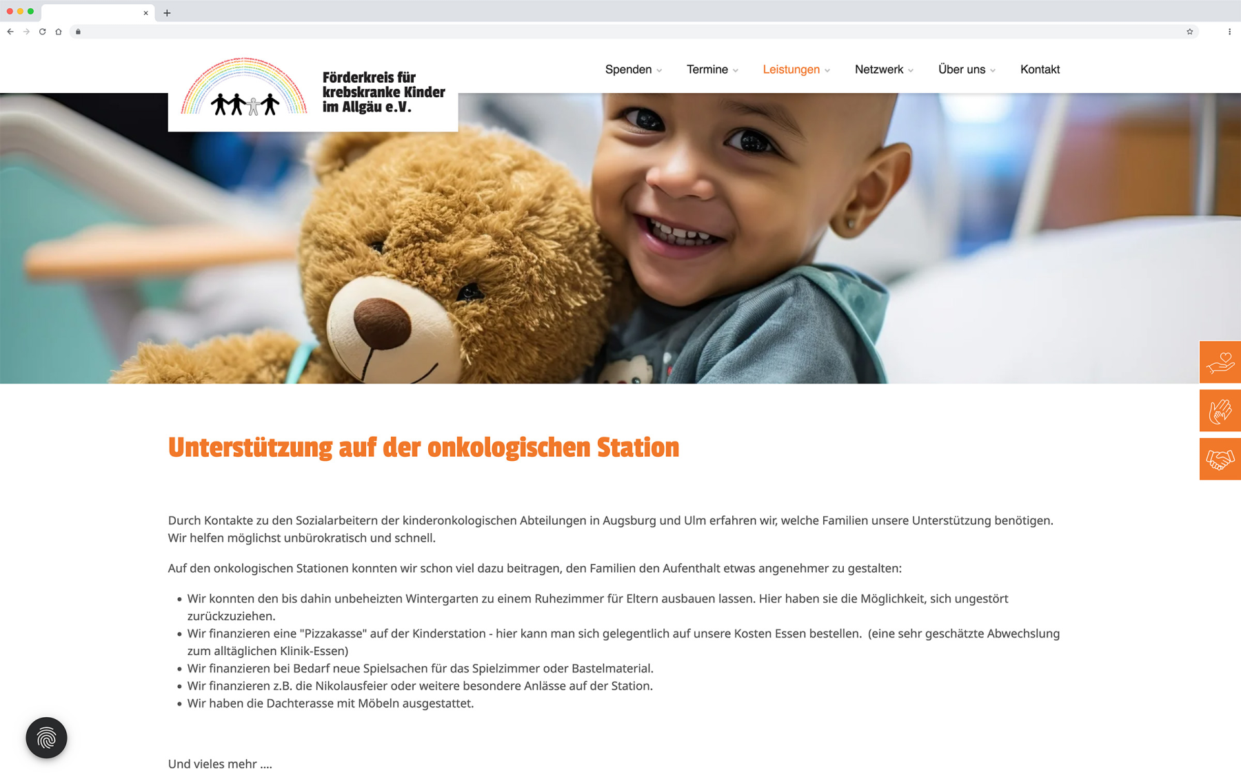 Desktop-Darstellung der Website des Förderkreises für krebskranke Kinder e.V. auf einem Screen, zeigt wichtige Informationen über hier: Informationen zur Unterstützung auf der onkologischen Station