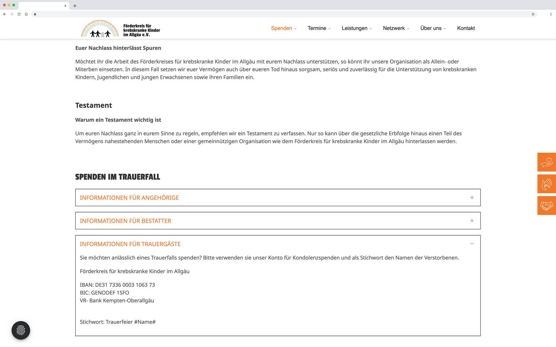 Desktop-Darstellung der Website des Förderkreises für krebskranke Kinder e.V. auf einem Screen, zeigt wichtige Informationen über hier: Akkordeon mit Informationen zum Spenden