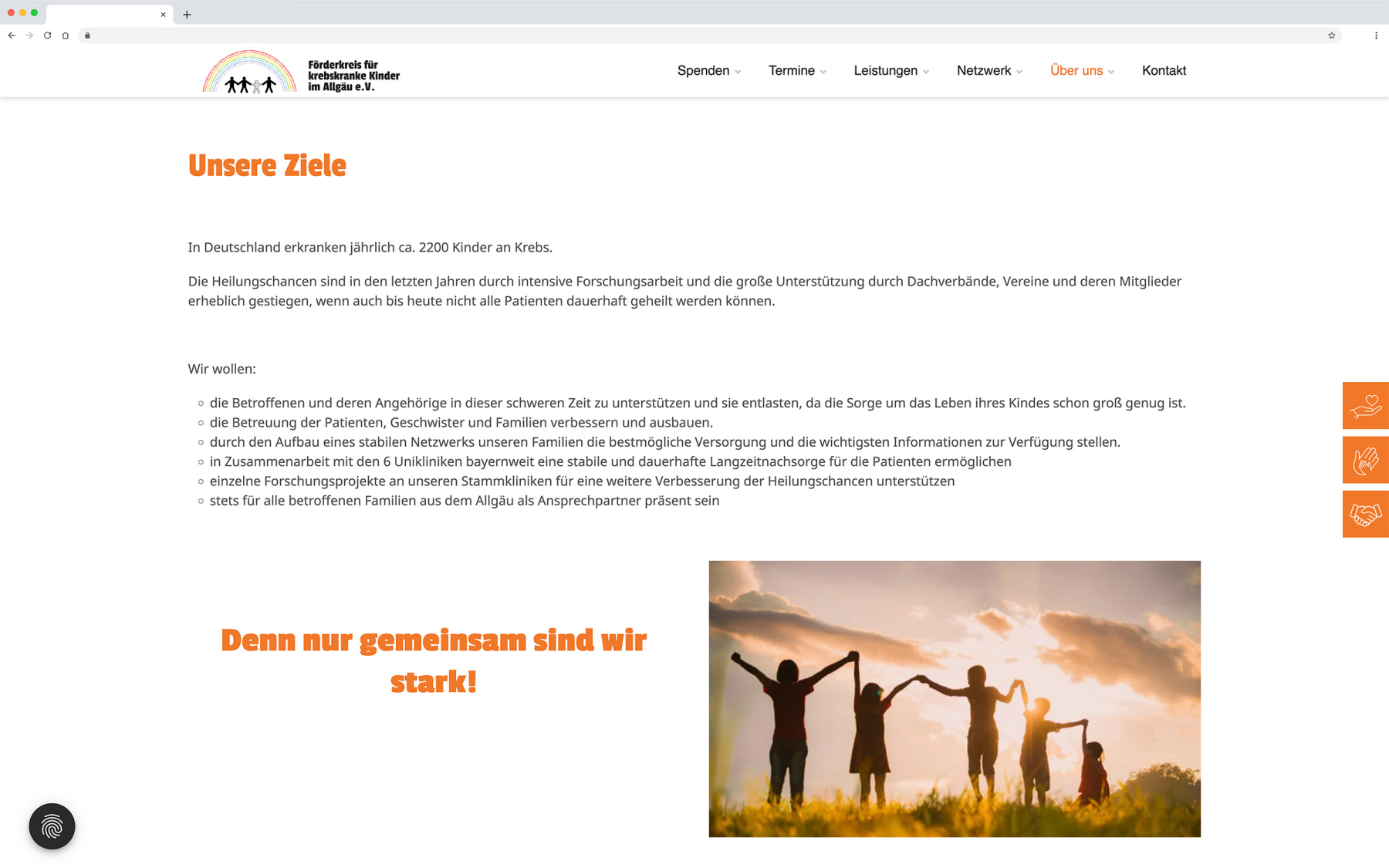 Desktop-Darstellung der Website des Förderkreises für krebskranke Kinder e.V. auf einem Screen, zeigt wichtige Informationen über hier: Die Ziele des Förderkreises