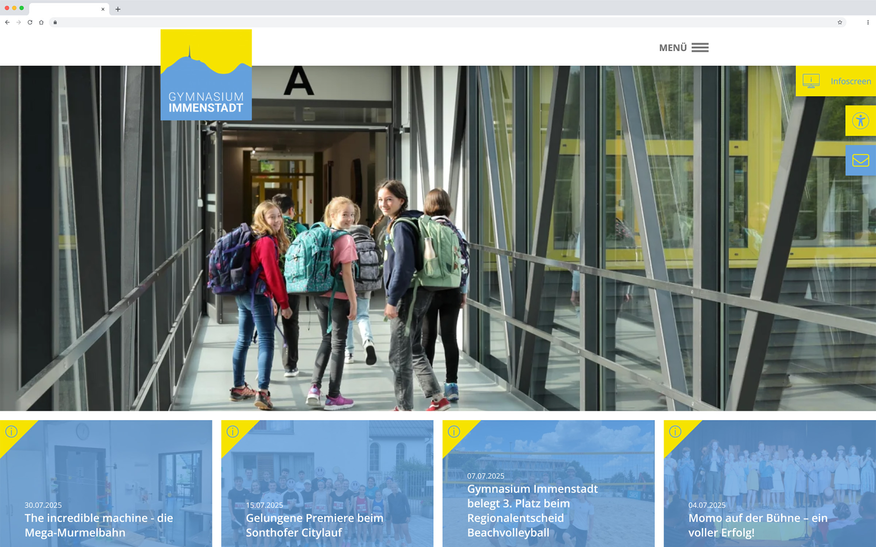 Desktop-Darstellung der Website des Gymnasiums in Immenstadt auf einem Screen, zeigt wichtige Informationen und Benutzerinteraktionen hier: Startseite mit aktuellen Beiträgen