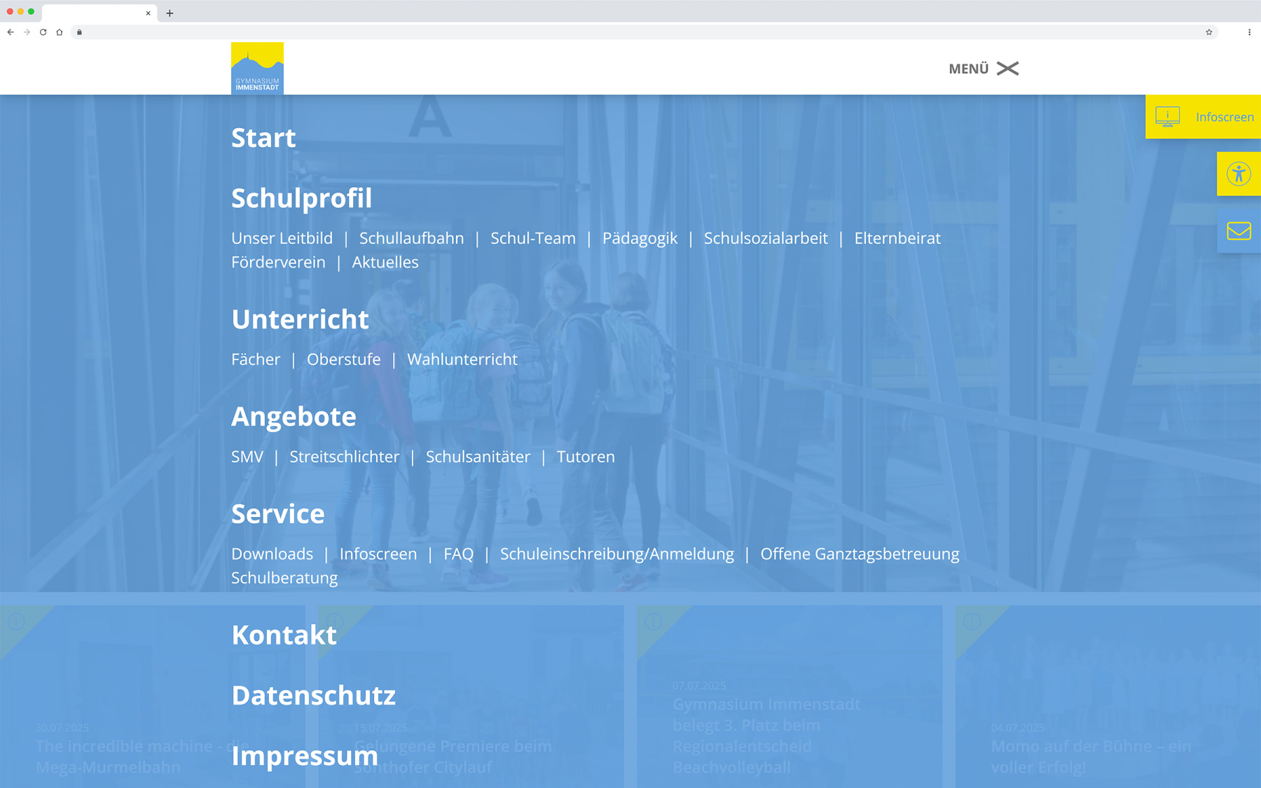 Desktop-Darstellung der Website des Gymnasiums Immenstadt auf einem Screen, zeigt wichtige Informationen und Benutzerinteraktionen hier: aufgeklapptes Off-Canvas Menü