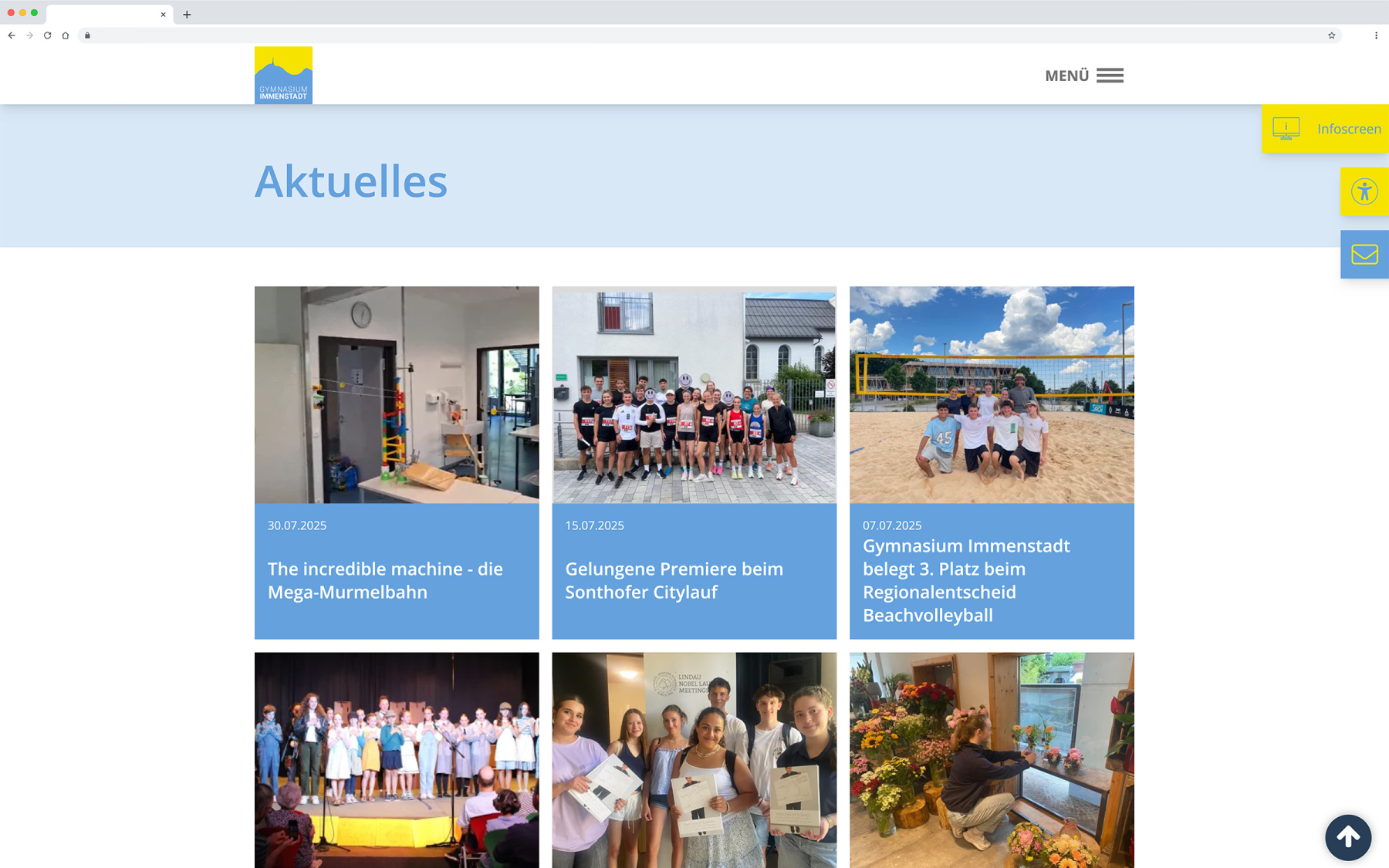 Desktop-Darstellung der Website des Gymnasiums Immenstadt auf einem Screen, zeigt wichtige Informationen und Benutzerinteraktionen hier: Aktuelles