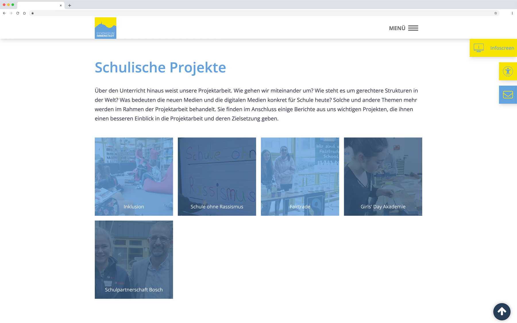 Desktop-Darstellung der Website des Gymnasiums Immenstadt auf einem Screen, zeigt wichtige Informationen und Benutzerinteraktionen hier: Schulische Projekte