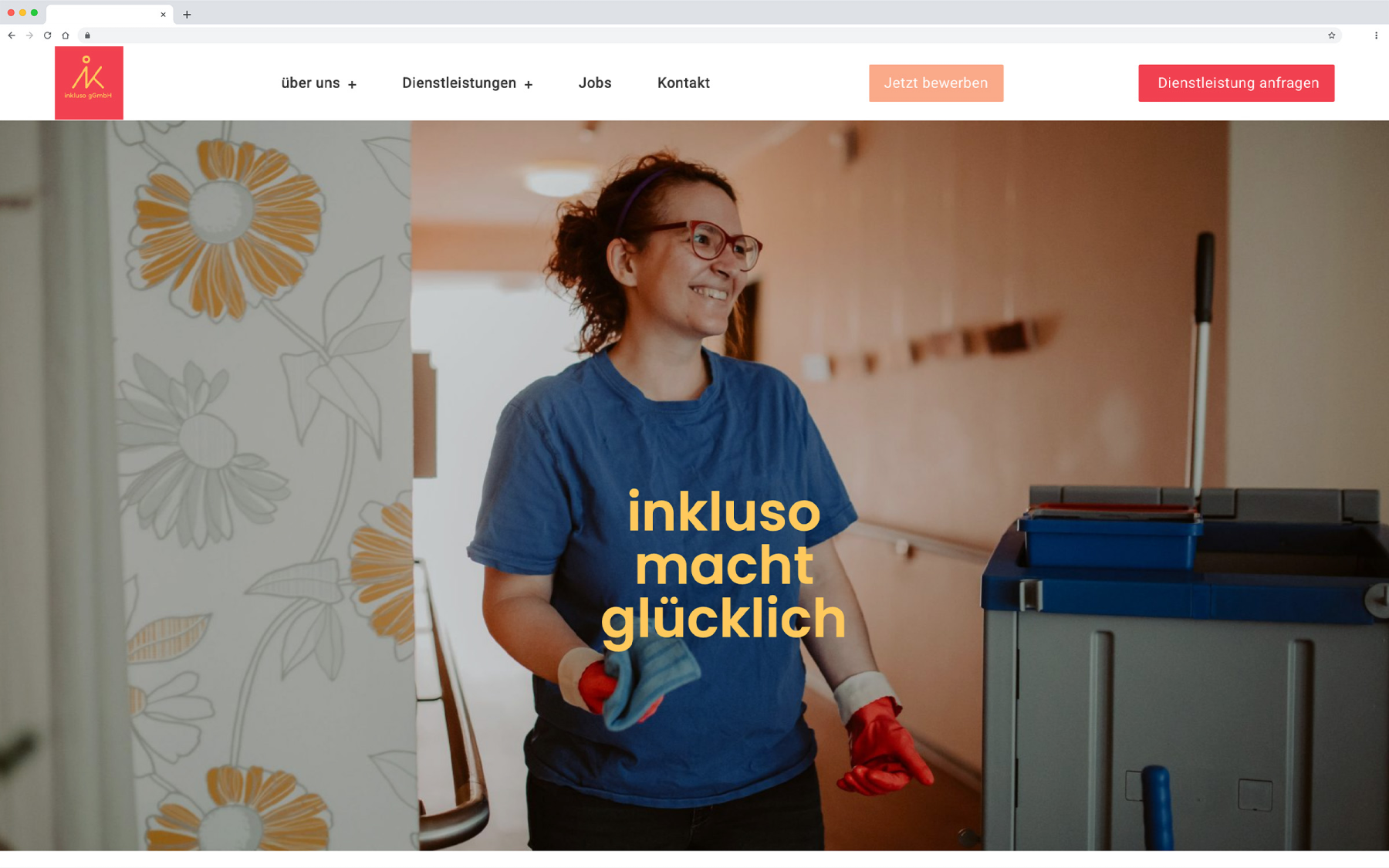 Desktop-Darstellung der Website von inkluso auf einem Screen, zeigt wichtige Informationen und Benutzerinteraktionen hier: Gelber Text auf einem Bild