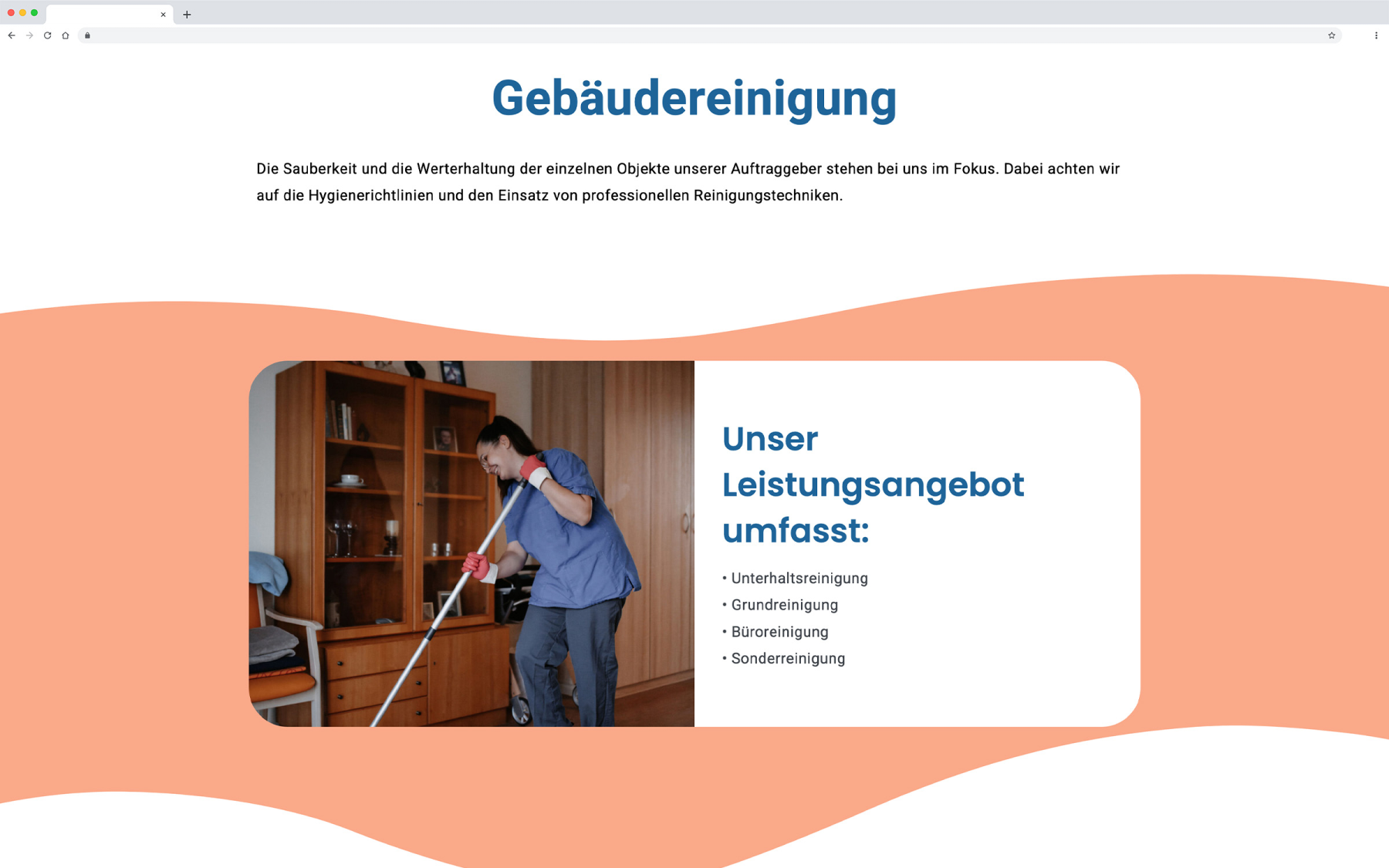 Desktop-Darstellung der Website von inkluso auf einem Screen, zeigt wichtige Informationen und Benutzerinteraktionen hier: Detailseite der Dienstleistung Gebäudereinigung