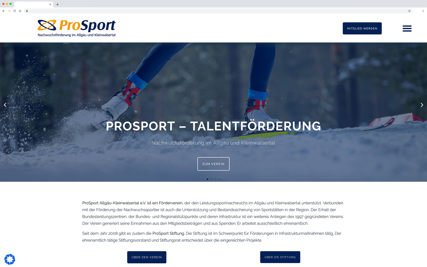 Desktop-Darstellung der Website von ProSport auf einem Screen, zeigt wichtige Informationen und Benutzerinteraktionen hier: Startseite mit allgemeinen Informationen