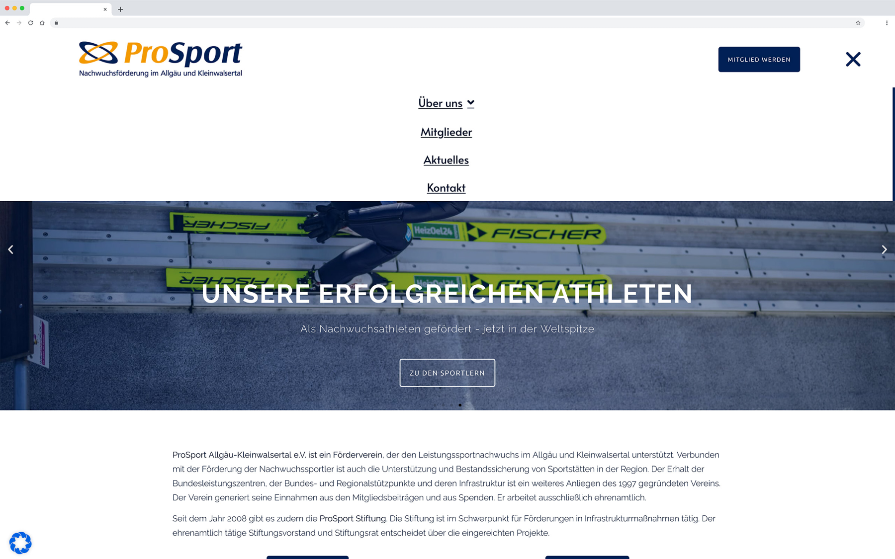 Desktop-Darstellung der Website von ProSport auf einem Screen, zeigt wichtige Informationen und Benutzerinteraktionen hier: aufgeklapptes On-Canvas Menü