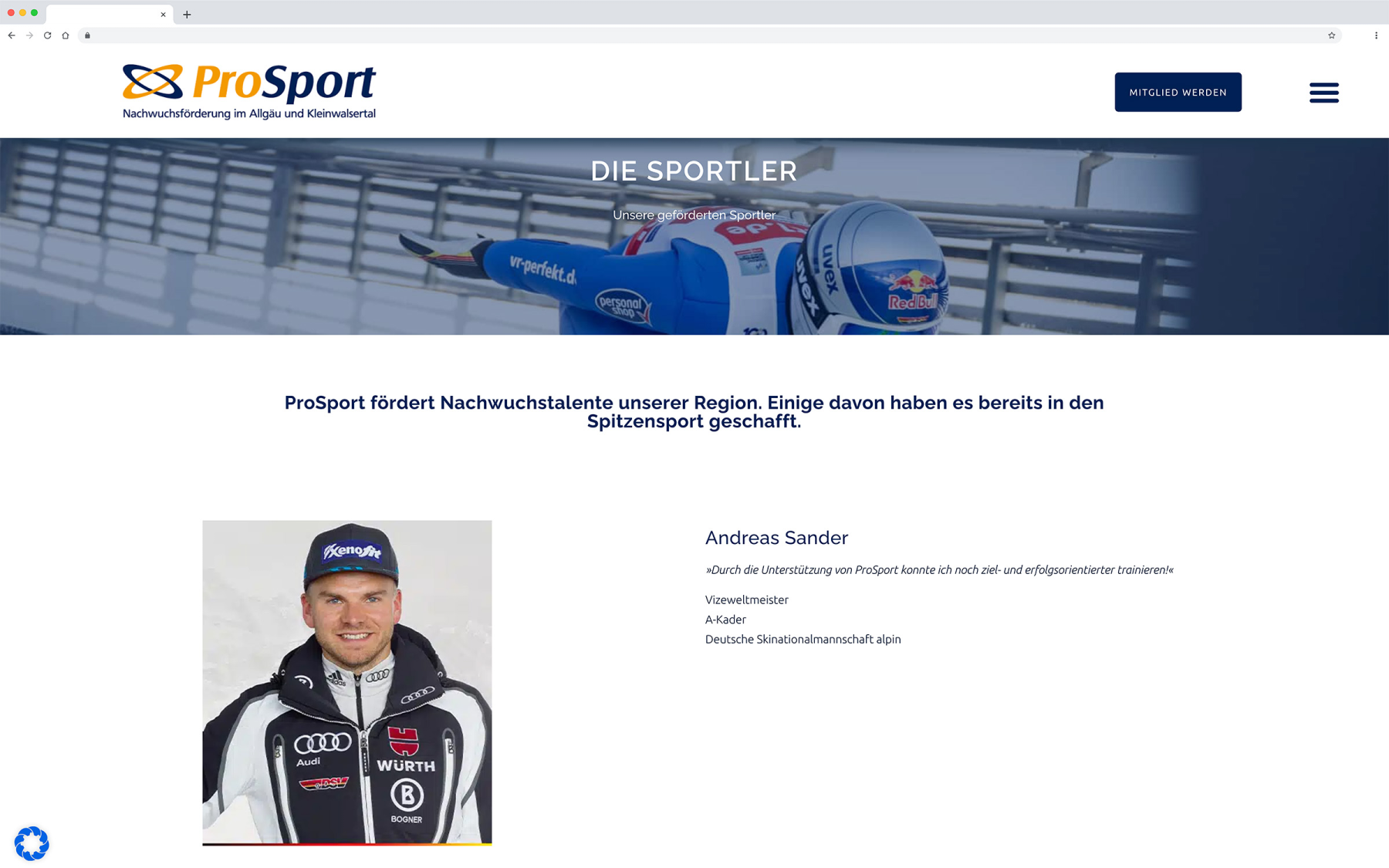 Desktop-Darstellung der Website von ProSport auf einem Screen, zeigt wichtige Informationen und Benutzerinteraktionen hier: Auflistung der Sportler die ProSport unterstützt