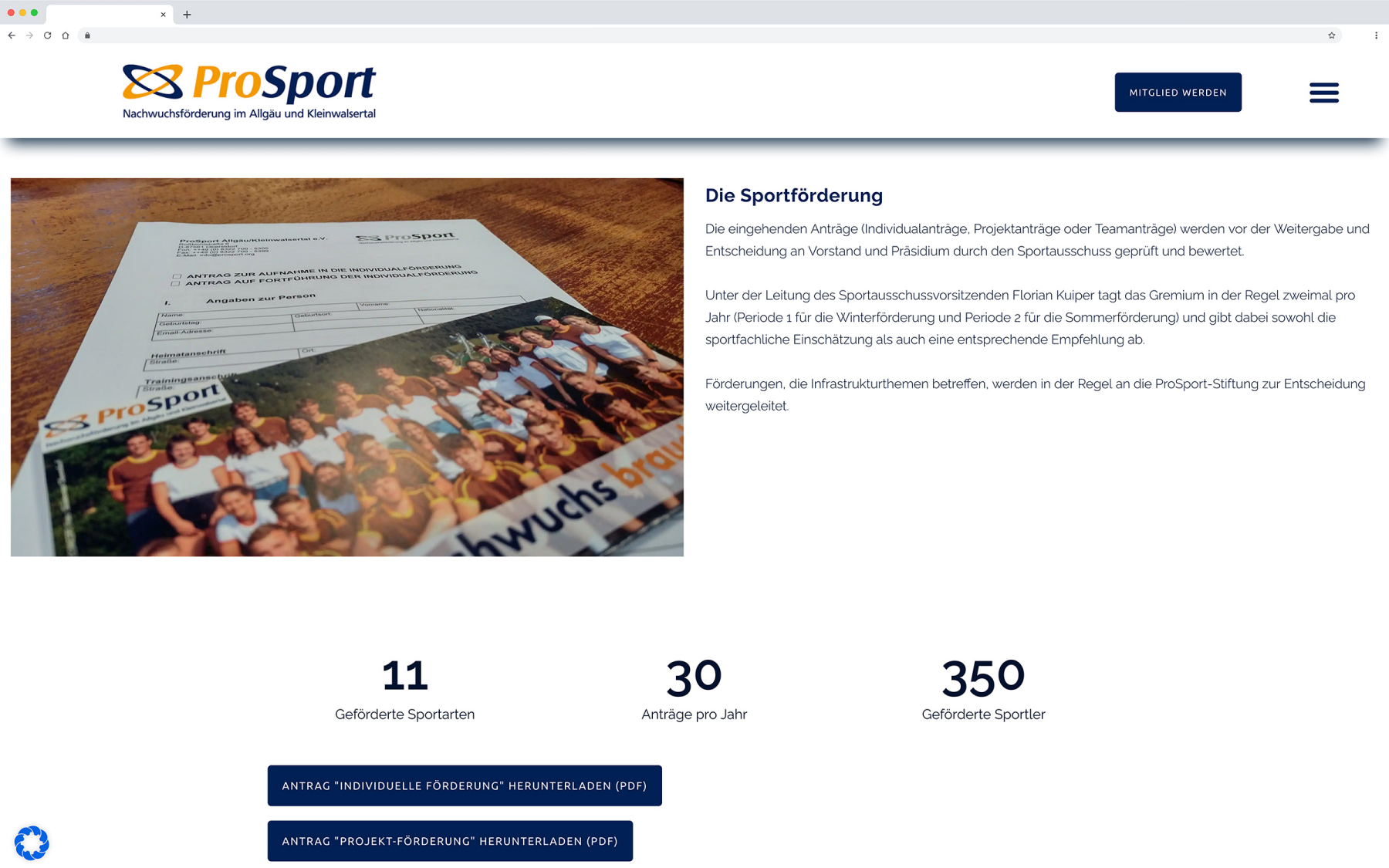 Desktop-Darstellung der Website von ProSport auf einem Screen, zeigt wichtige Informationen und Benutzerinteraktionen hier: Informationen zur Sportförderung
