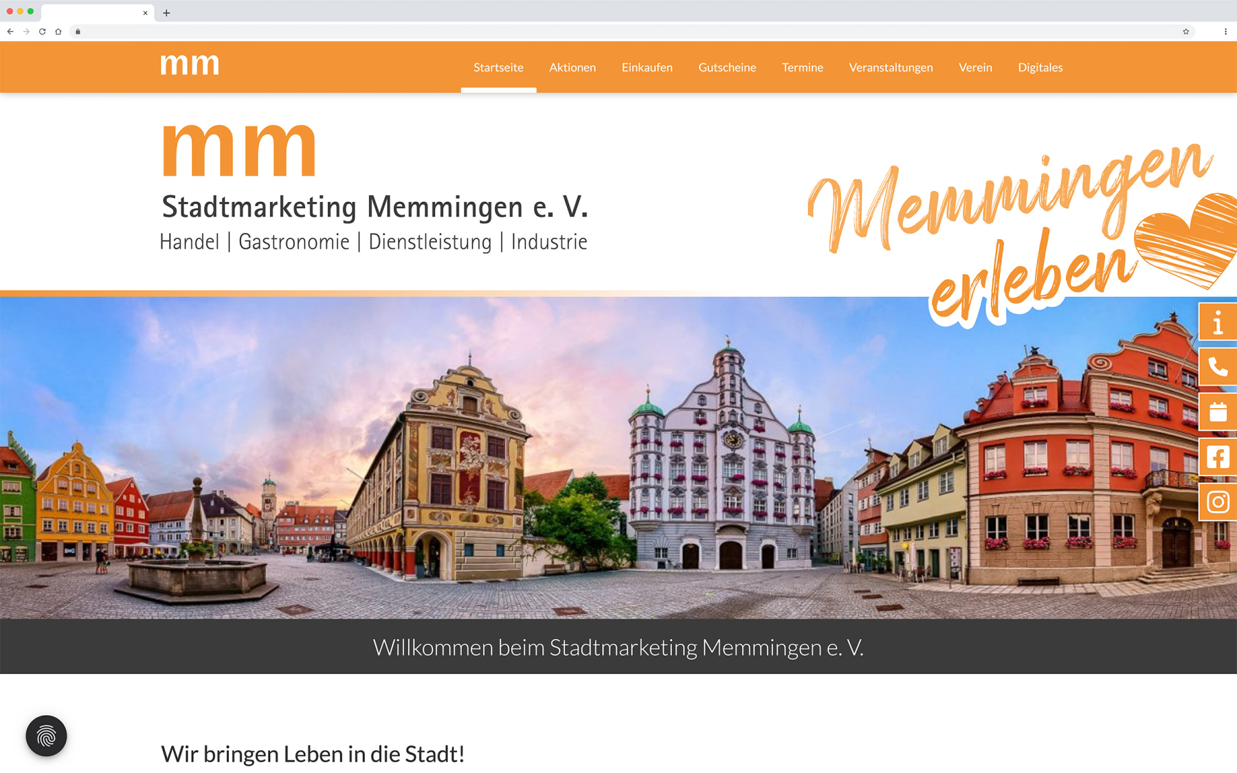 Desktop-Darstellung der Website des Stadtmarketing Memmingen e.V. auf einem Screen, zeigt wichtige Informationen und Benutzerinteraktionen hier: Startseite mit Bild und Schriftzug