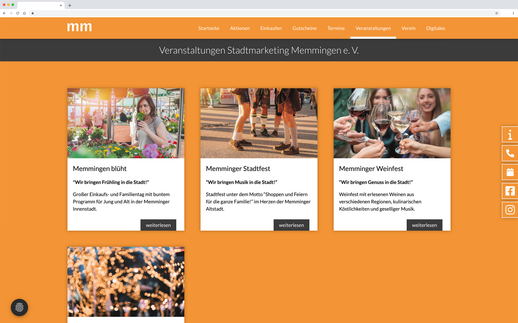 Desktop-Darstellung der Website des Stadtmarketing Memmingen e.V. auf einem Screen, zeigt wichtige Informationen und Benutzerinteraktionen hier: Veranstaltungen