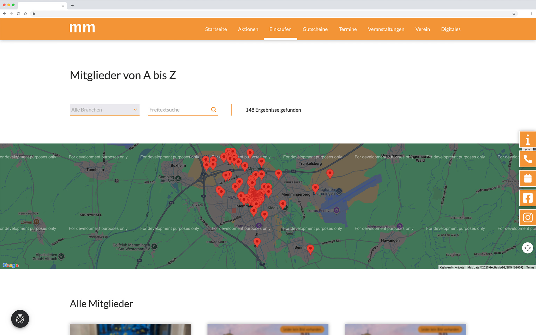 Desktop-Darstellung der Website des Stadtmarketing Memmingen e.V. auf einem Screen, zeigt wichtige Informationen und Benutzerinteraktionen hier: Interaktive Karte mit Einkaufsmöglichkeiten