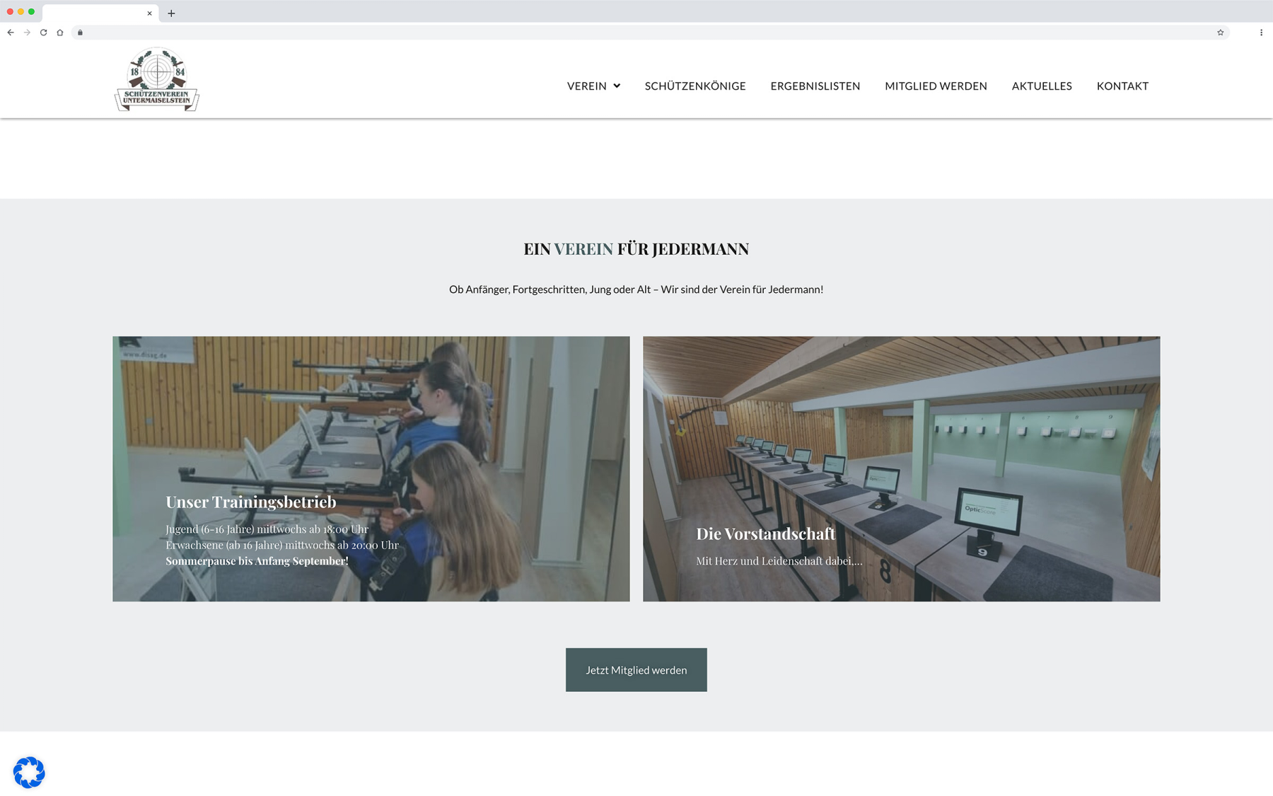 Desktop-Darstellung der Website des SV Untermaiselstein e.V. auf einem Screen, zeigt wichtige Informationen und Benutzerinteraktionen hier: Teaser-Boxen über den Trainingsbetrieb und die Vorstandstandschaft
