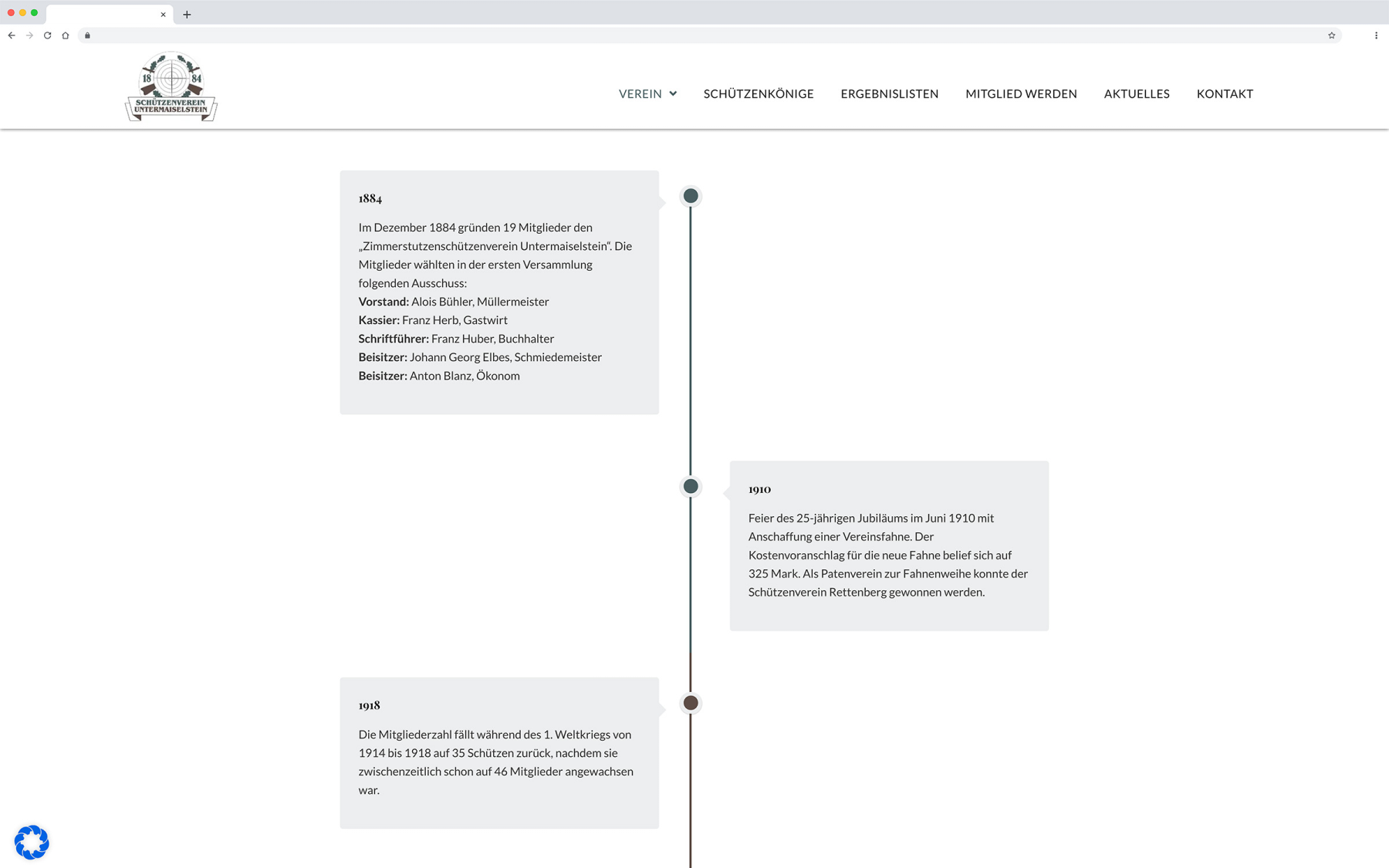 Desktop-Darstellung der Website des SV Untermaiselstein e.V. auf einem Screen, zeigt wichtige Informationen und Benutzerinteraktionen hier: Geschichte des Vereins als Zeitstrahl
