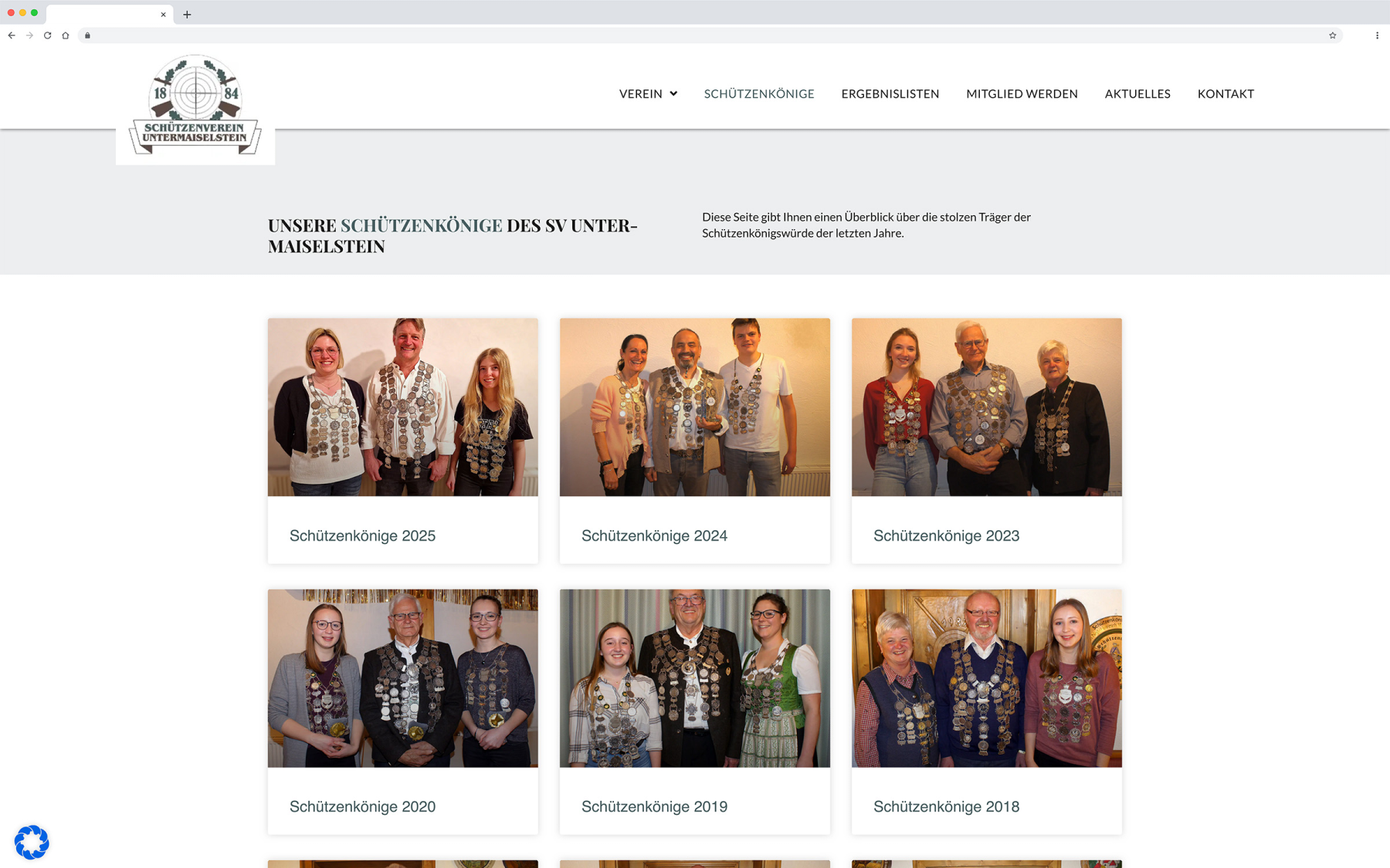 Desktop-Darstellung der Website des SV Untermaiselstein e.V. auf einem Screen, zeigt wichtige Informationen und Benutzerinteraktionen hier: Schützenkönige der letzten Jahre
