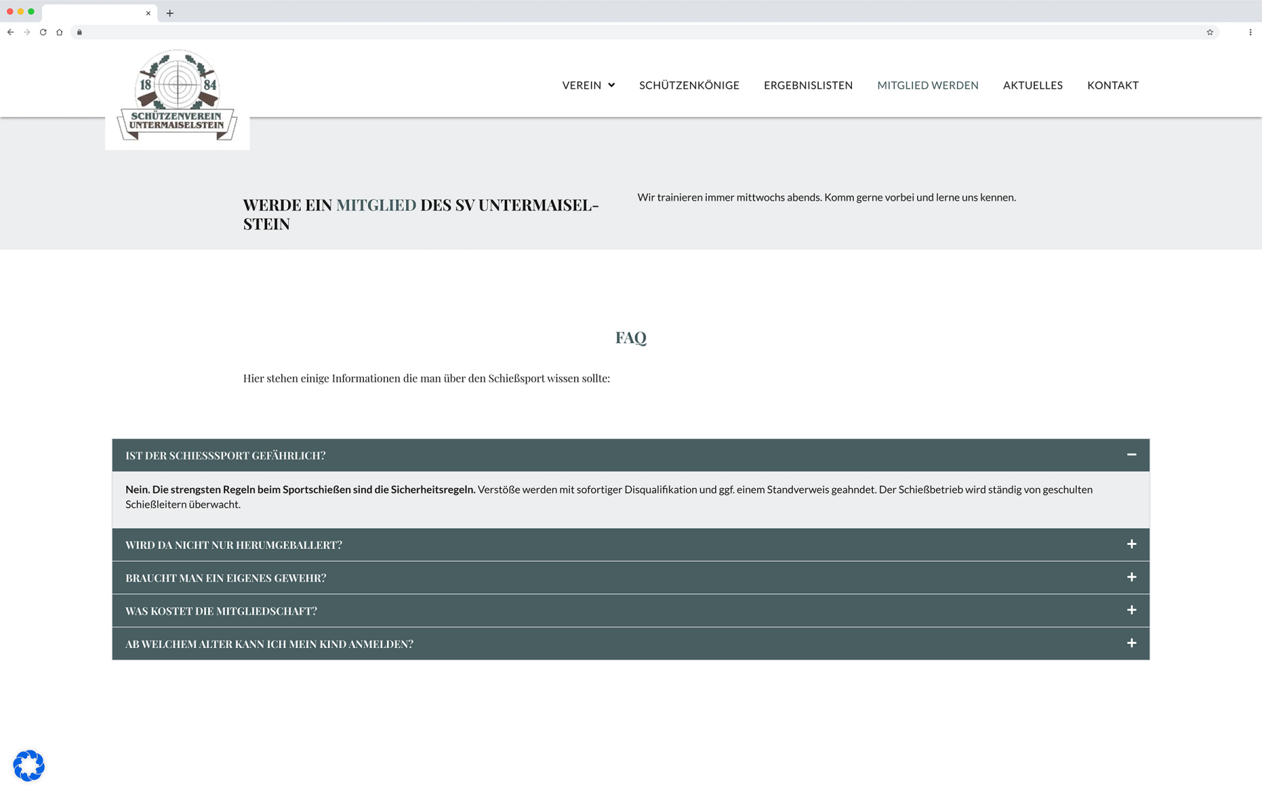 Desktop-Darstellung der Website des SV Untermaiselstein e.V. auf einem Screen, zeigt wichtige Informationen und Benutzerinteraktionen hier: FAQ als Akkordeon