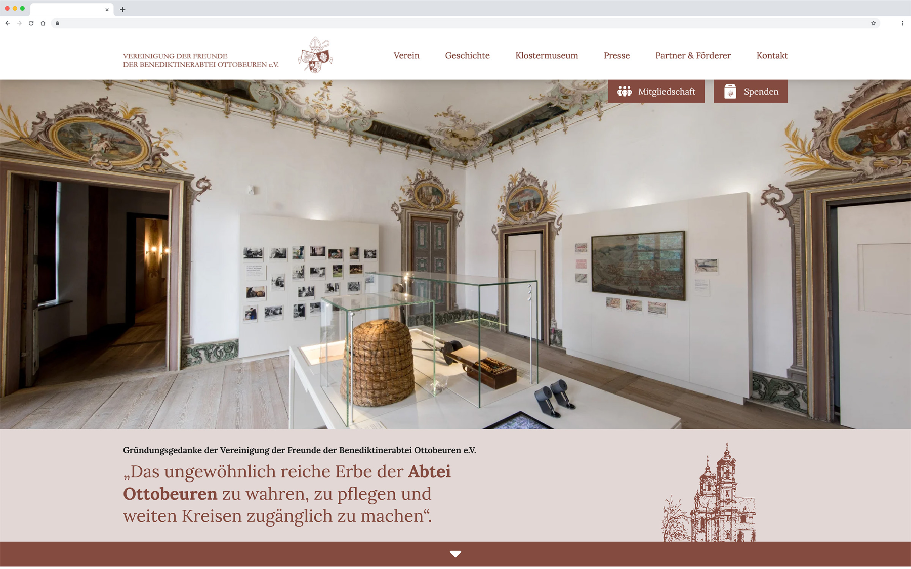 Desktop-Darstellung der Website der Vereinigung Ottobeuren auf einem Screen, zeigt wichtige Informationen und Benutzerinteraktionen hier: Startseite mit Bild und Text
