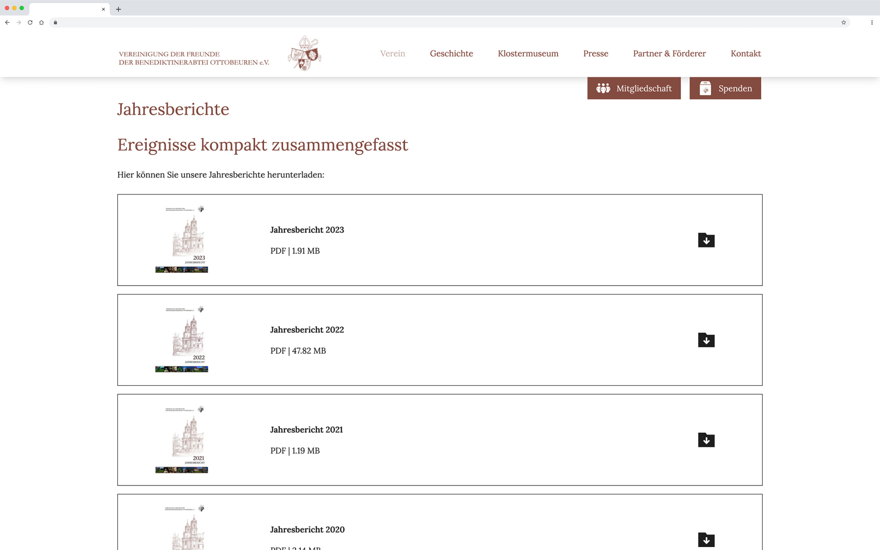 Desktop-Darstellung der Website der Vereinigung Ottobeuren auf einem Screen, zeigt wichtige Informationen und Benutzerinteraktionen hier: Jahresberichte zum Herunterladen