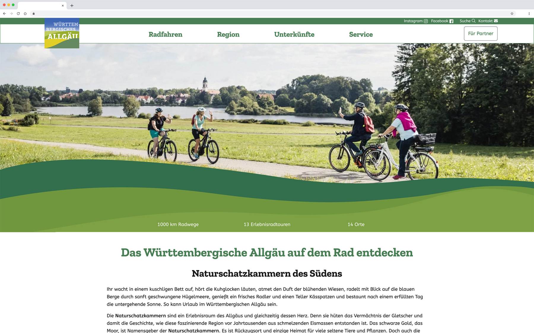 Desktop-Darstellung der Website des Württembergischen Allgäus auf einem Screen, zeigt wichtige Informationen und Benutzerinteraktionen hier: Startseite mit Informationen über Naturschutz